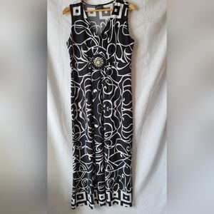 Black & White Sleeveless Midi Dress with Decorative Brooch